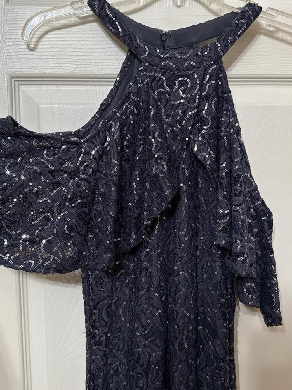 MARINA Navy Sequin Lace Cold-Shoulder Wedding Dress